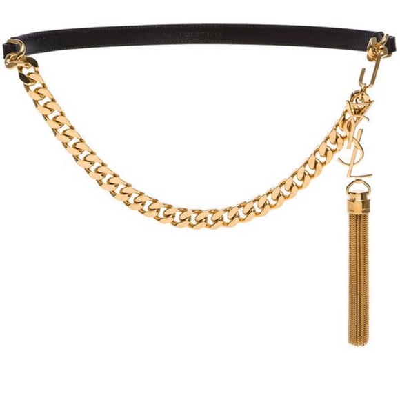 Saint Laurent Monogram Logo YSL Gold Tassel Black Leather Chain Belt ? main image 6
